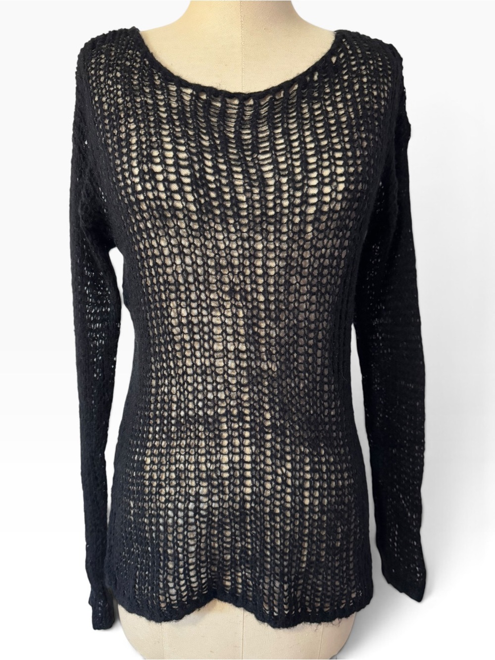 John Galt Black Mohair Wool Open Knit Sheer Sweater Y2K Whimsygoth Indie